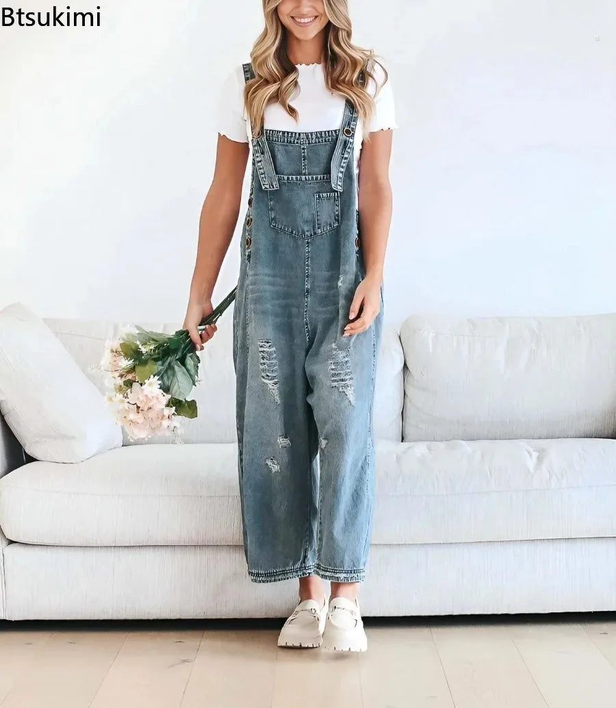 2026 Summer Women's Casual Loose Straps Jeans Vintage Hole Baggy Denim Pants Women Jumpsuit Harem Trousers with Pockets Overalls