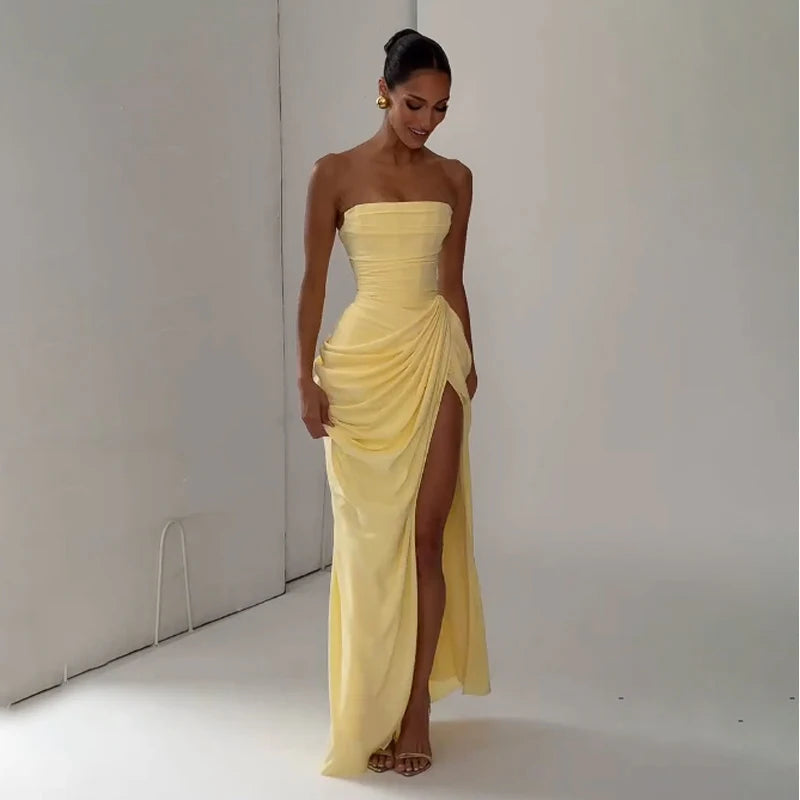 Elegant Solid Strapless Pleated Dress Women Chic Sleeveless Waist Cinching Split Maxi Vestidos 2026 Lady Evening Party Dresses
