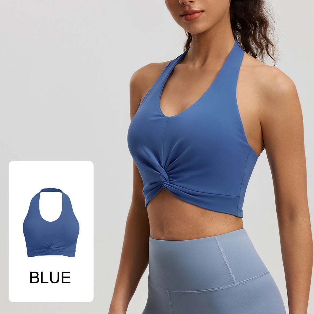 Twist Front Halter Sports Bra with Built-in Pads, Cropped Yoga Tank for Women, Breathable Fitness Workout Top
