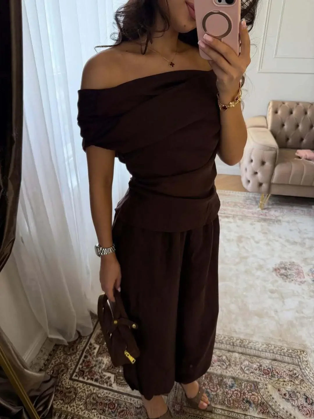 Solid One Shoulder Top Lantern Pants Set Women Chic Cotton Linen T-shirt Wide-leg Pants Suit Elegant Lady Summer Daily Outfits