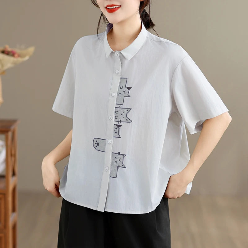 Casual Style Embroidered Pure Cotton Loose Fit Short Sleeve Shirt Women's plus Size Slimming Versatile White Summer Shirt