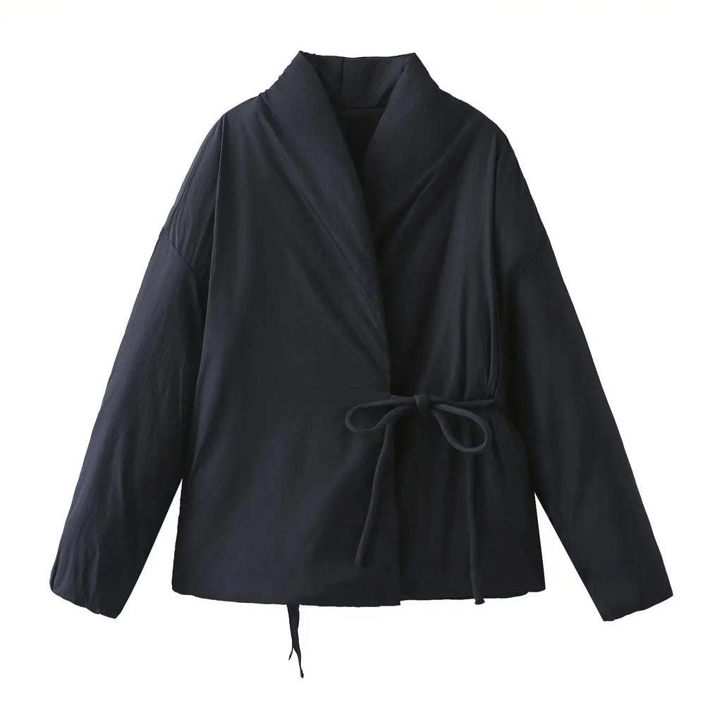 2025 New Fashion Fall/Winter Women Solid Color Side Tie Cotton Dress Retro Ladies Casual Lapel Jacket