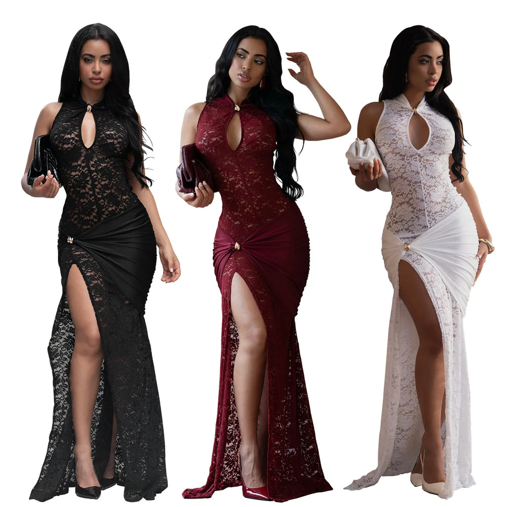 Sexy Women Lace Hollow Out Sleeveless Ruched High Split Maxi Long Dress 2026 Party Trendy Birthday Vacation Beach Dresses