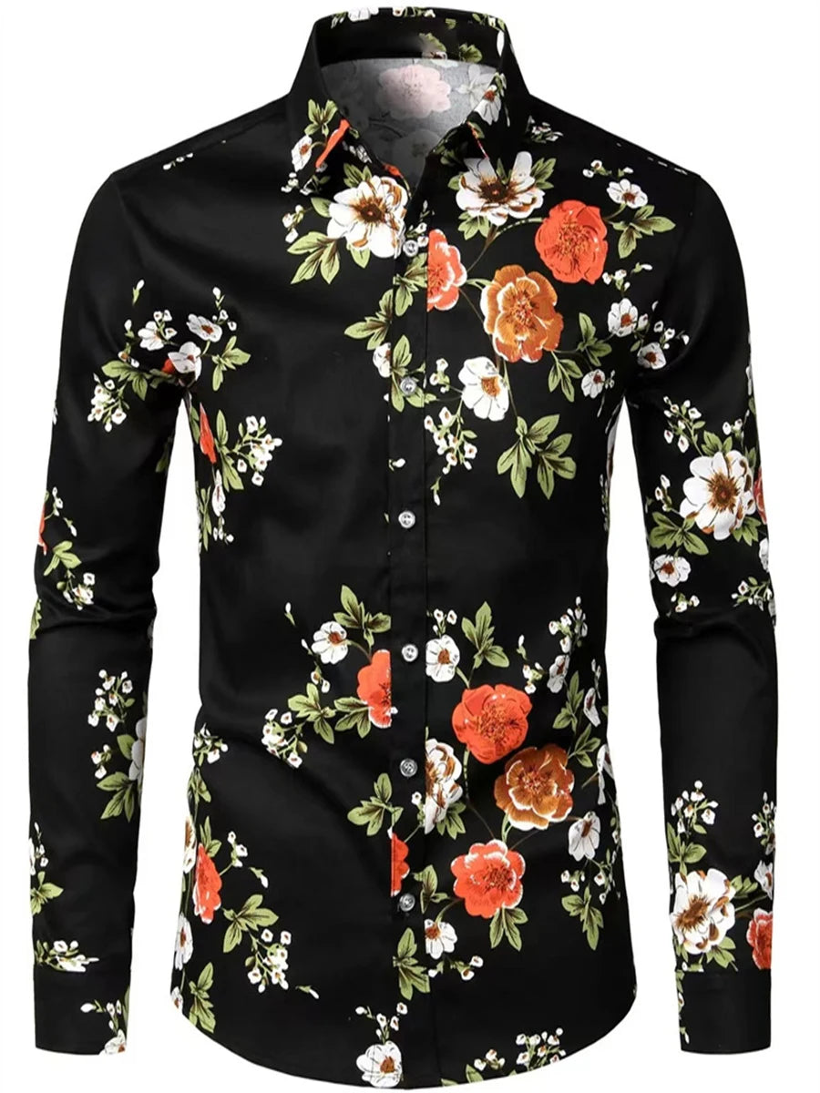 Spring and Autumn Men's Casual Outdoor Luxury Suit Lapel Shirt Long Sleeve Soft Comfortable Material Floral Rose Red HD Pattern