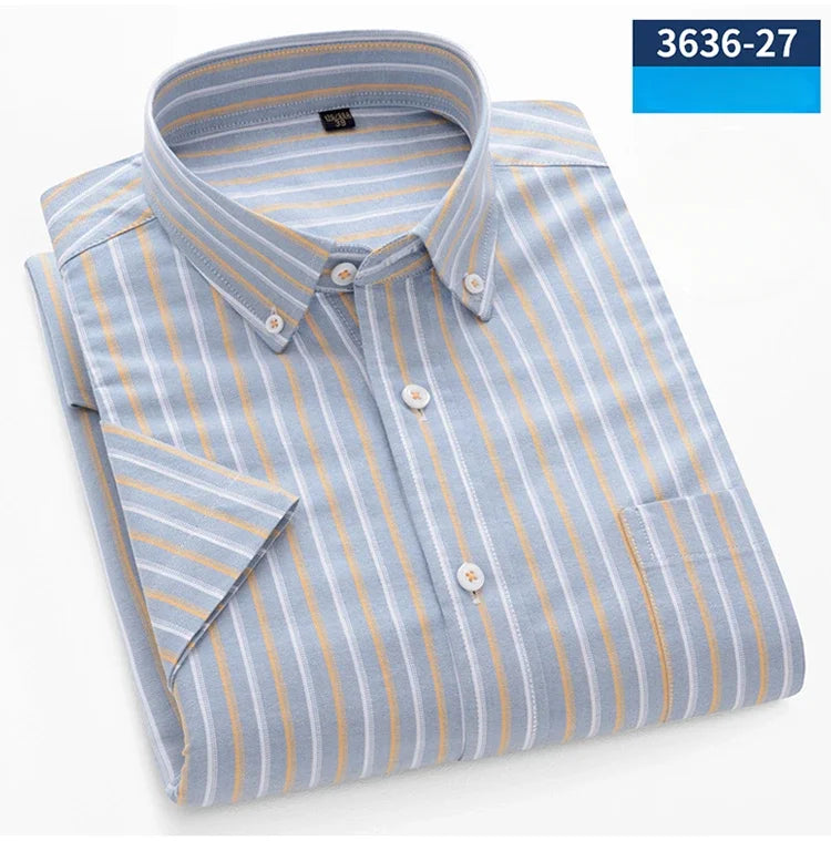 New In Shirt Summer 100%Cotton Short Sleeve Shirts for Men Slim Fit Formal Plain Shirt Designer Plaid Korean Popular Clothes