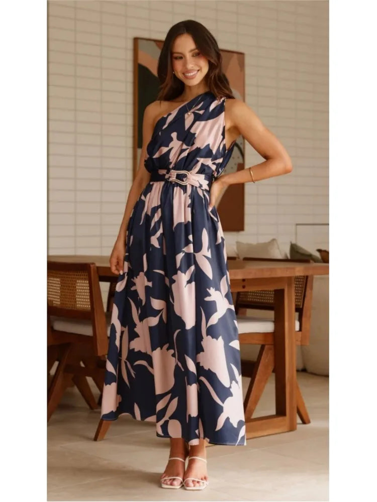 2025 Summer Fashion New Women's Sexy Vacation Dress Casual Elegant Bohemian Beach Skew Collar Off Shoulder Sashes Long Dresses