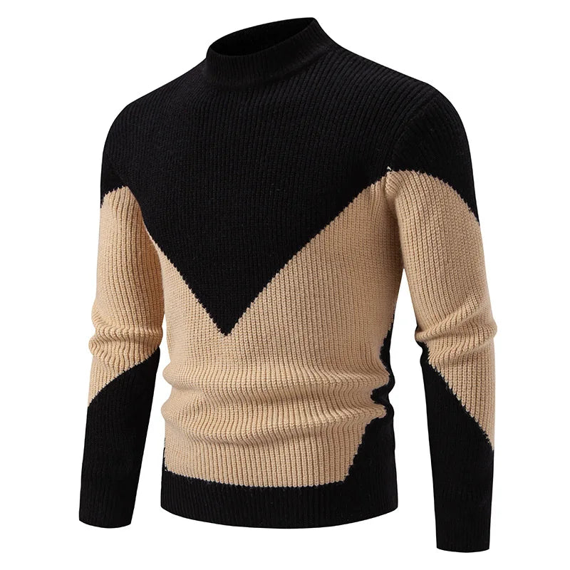 High Quality Men's New Autumn Winter Sweaters Casual Warm Mock Neck Pullovers Trend Color Blocking Design Men Sweaters Knit Tops