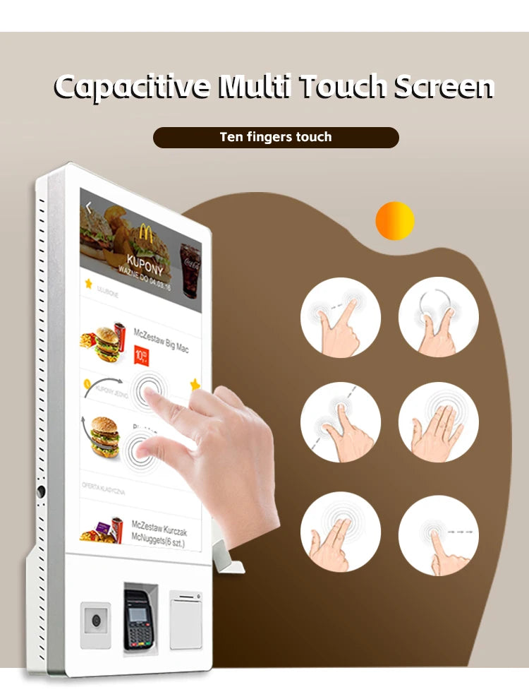 Restaurant 24 27 32 inch touch screen cashless POS fast food self-service order payment end point kiosk floor machine