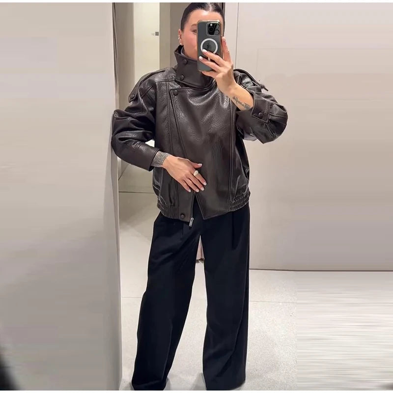 High Street Leather Jackets Women's Casual Double-breasted Turn Down Collar Loose Coats Elastic Waist 2026 Autumn New Outwear