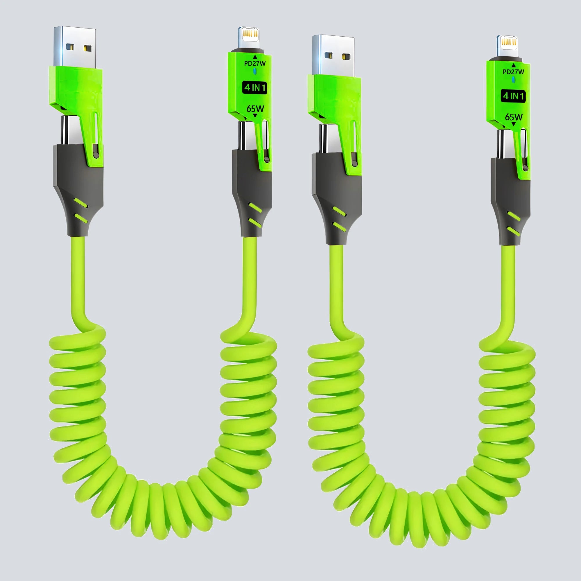 1/2PCS 4-in-1 Spring Data Cable & 65W Quick Charger: 6A USB Type-C Telescopic Wire Compatible with iPhone/iPad/MacBook/Huawei