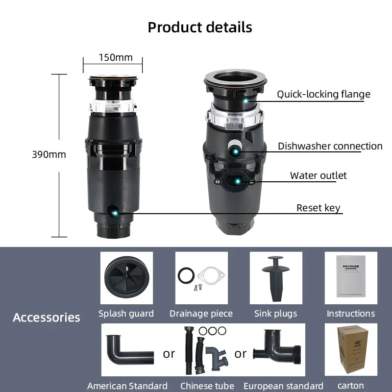 Electric Stainless Steel Blade Continuous Household Sink Food Waste Shredder 0.75H P 560W Mo tor Garbage Grinder 1200ml