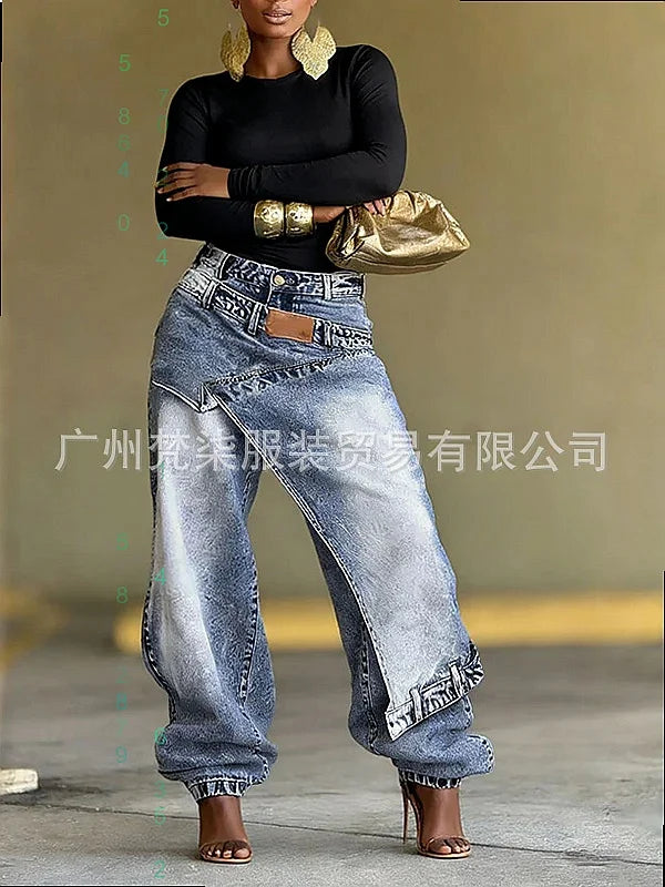 Vintage Washed Denim Jeans Women Y2K Faux Two Piece Design Jumpsuit Pants Overall