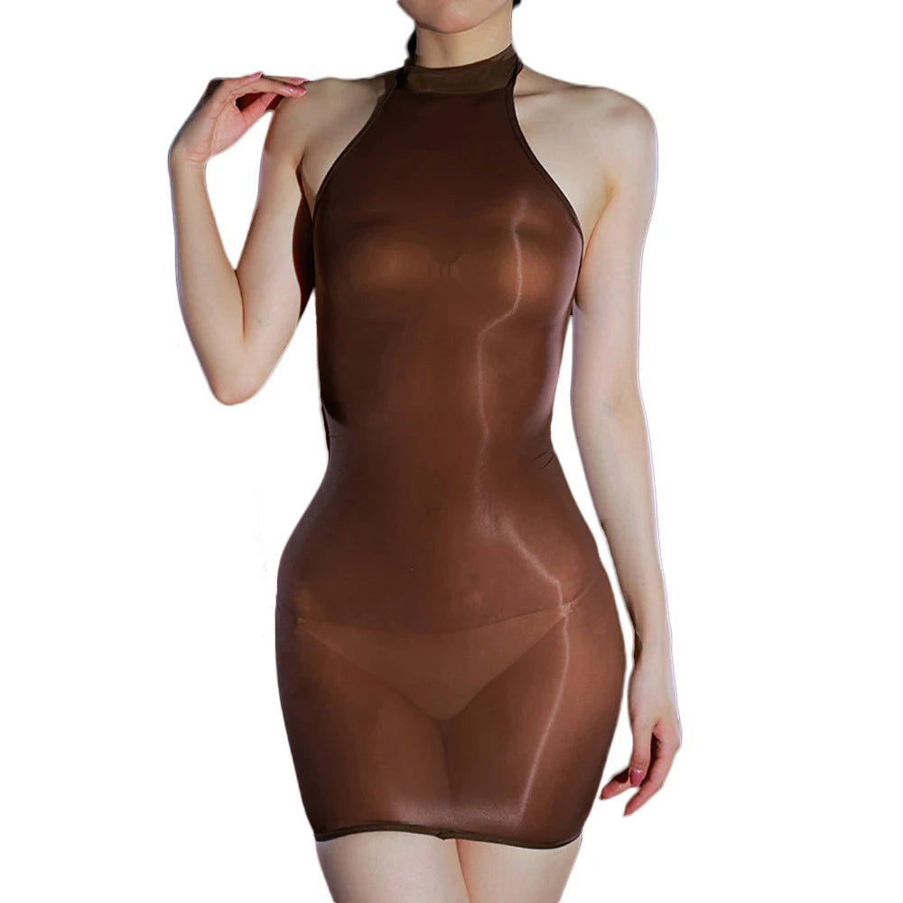 Sexy Women 5D Thin 912 Pin Micro Mini Dress Halter Elastic Bodycon Tights Dress Oil Glossy Shiny Package Hip Maid Cute Dress
