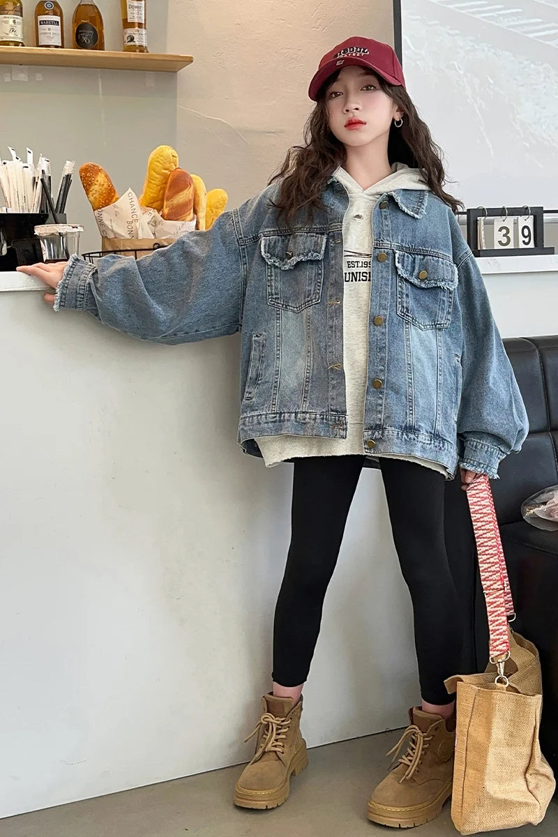 Girls Denim Jacket Spring Autumn 2026 New Style Casual Versatile Loose Button Down Jean Coat Fashion Children's Clothing