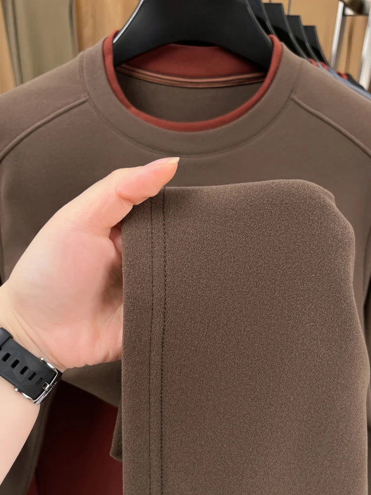Unique fake two pieces round neck sweater men fashion brand letter emboss pullover autumn winter warm velvet long sleeve T-shirt
