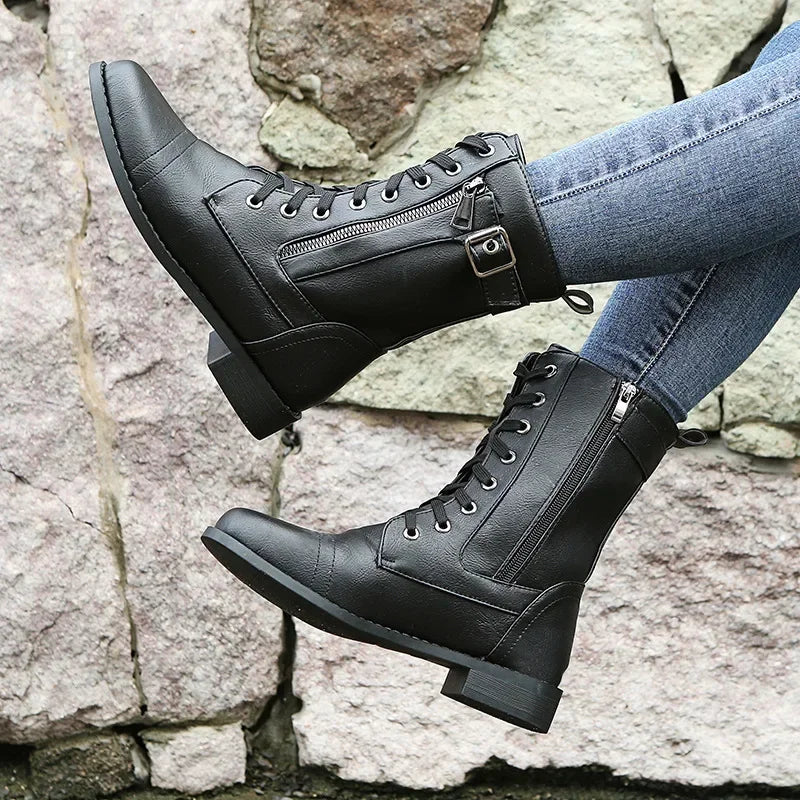 Women's Square Heels Ankle Booties  Autumn Winter PU Leather Short Work Boots Woman Plus Size Lace Up Elastic Botas Mujer 2024