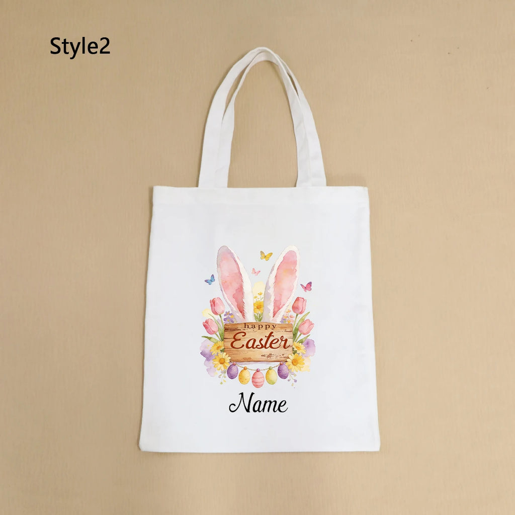 Custom Easter Tote Bag With Bunny And Floral Design, Personalized Name Shoulder Handbag For Spring Celebrations,