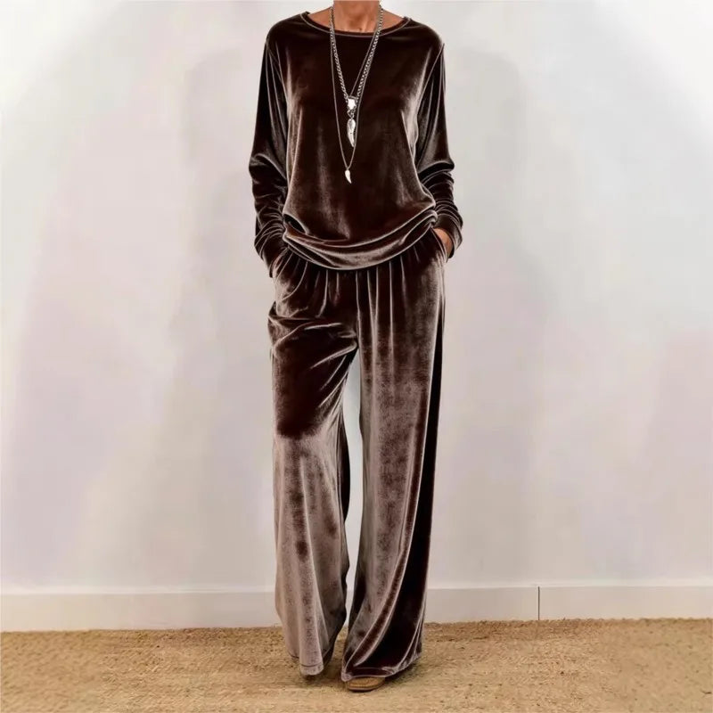 2026 Women Spring Autumn Velvet Two Piece Suit Fashion Solid Color O-Neck Top+Wide Leg Pants Set Ladies Loose Comfortable Outfit