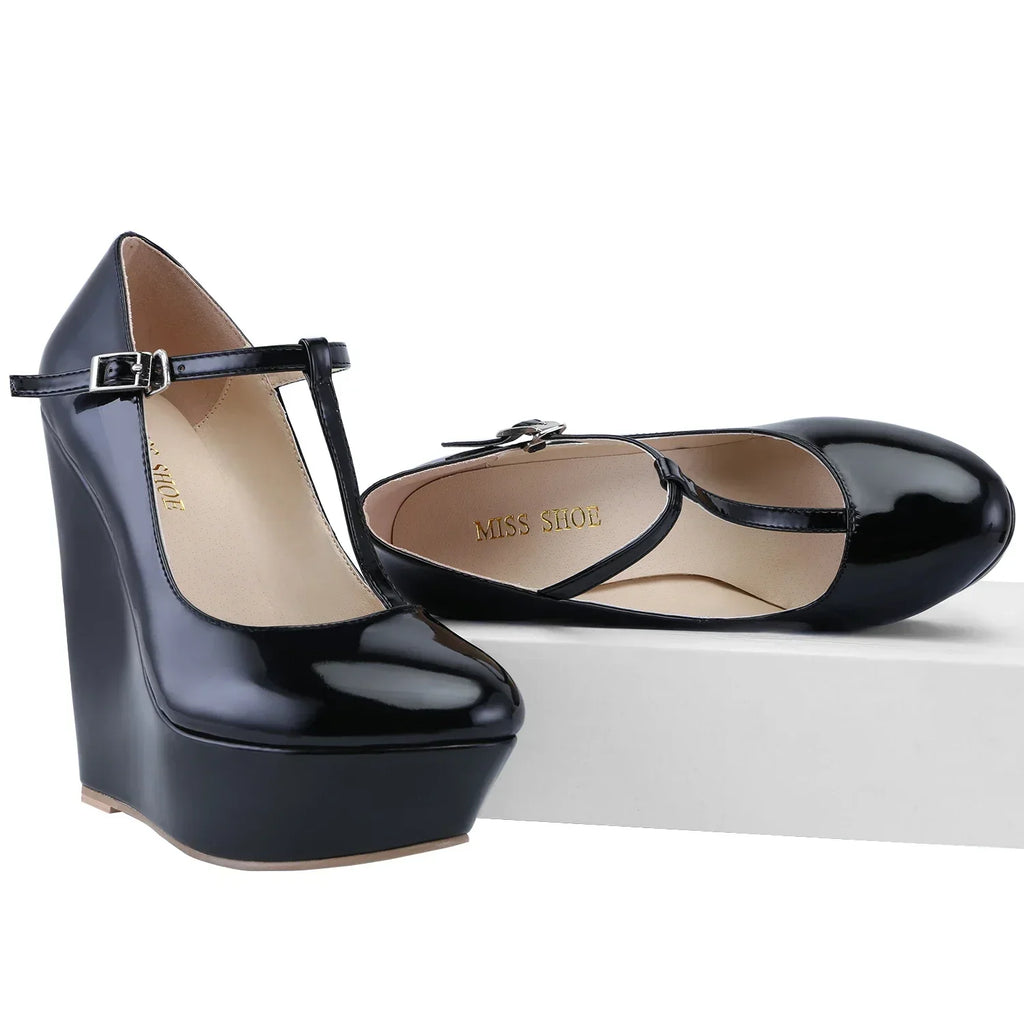 Women Platform Wedge Heels Pumps Autumn Winter 14cm Round Toes T-Strap High Heeled Gladiator Ladies Dress Party Wedding Shoes