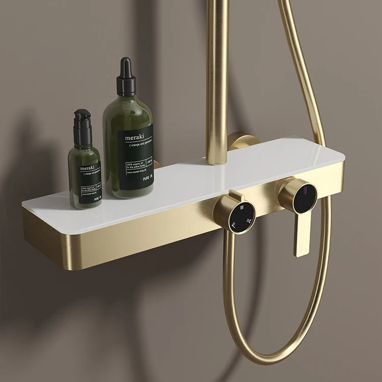 White Bathroom Shower System Set SDSN 12 Inch Round Rainfall Shower Head Brass Bathroom Faucet Hot Cold Gold Bathroom Shower Set