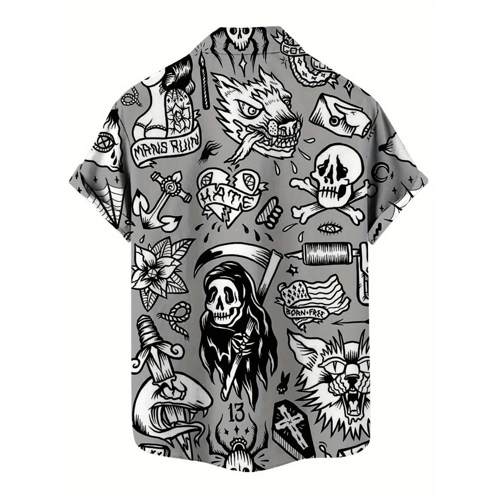 Skull 3D Printed Men's Hawaiian Shirt Street Gothic Style Trendy Vintage Lapel Tops Summer Y2K Casual Short Sleeve Beach Shirt
