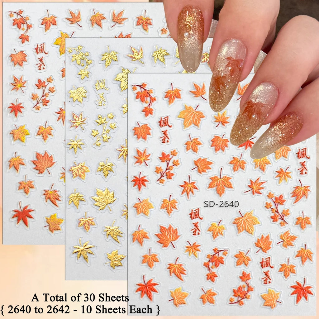 3 to 30 Sheets Autumn Maple Leaves Nail Stickers 5D Embossed Gold Foil Fall Leaf for Nails, Self-Adhesive DIY Manicure Art