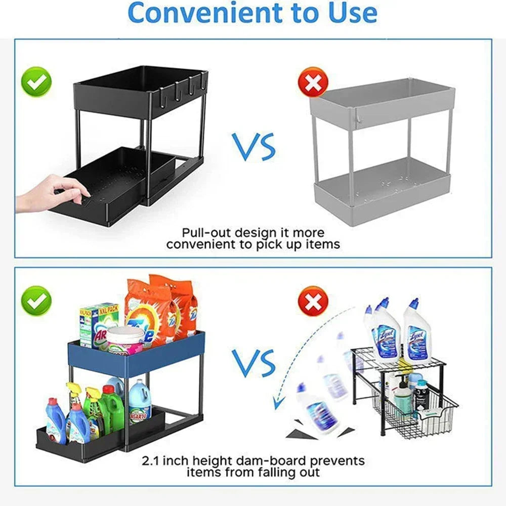 2-Tier Under Sink Organizers and Storage, Sliding L-shape Under Bathroom Kitchen Cabinet Organizers Narrow Space Sink Organizer