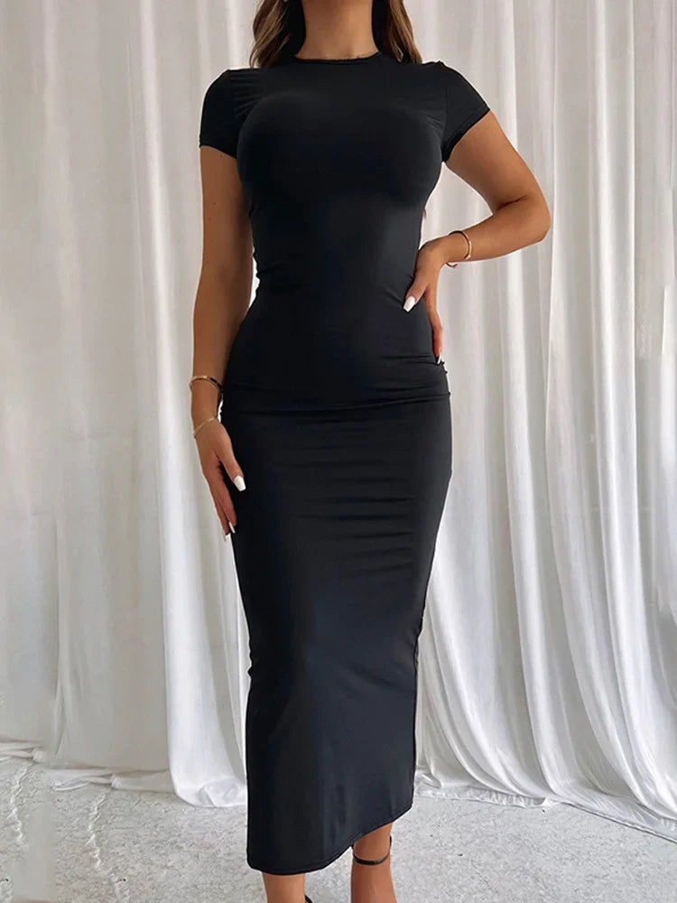 2026 Summer New Chic Slim Chic Short Sleeve Dress for Women O Neck Long Dresses Office Lady Casual Solid Color Dresses Robe