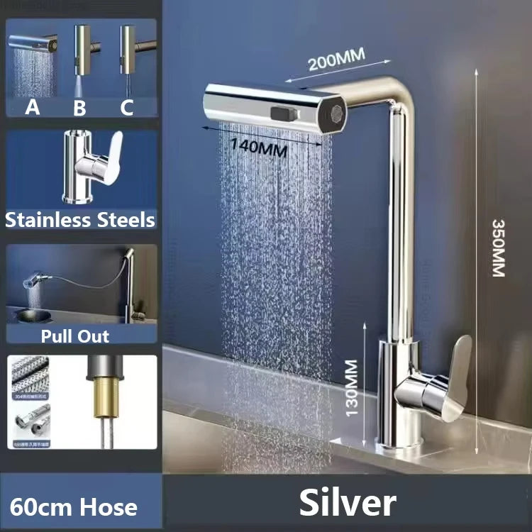 Kitchen Pull-out Flying Rain Waterfall Faucet Hot and Cold Faucet 304 Stainless Steel Single Hole Kitchen Faucet Bathroom