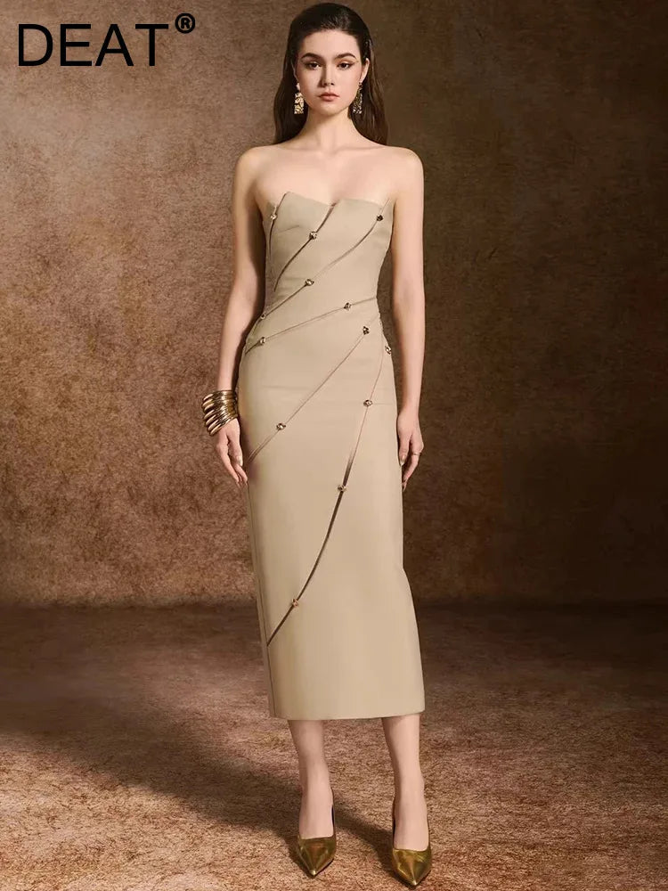 DEAT Elegant Dress Strapless Hollow Out Patchwork Hip Warp Long Women's Evening Party Dresses 2026 Spring New Fashion 35Z4149