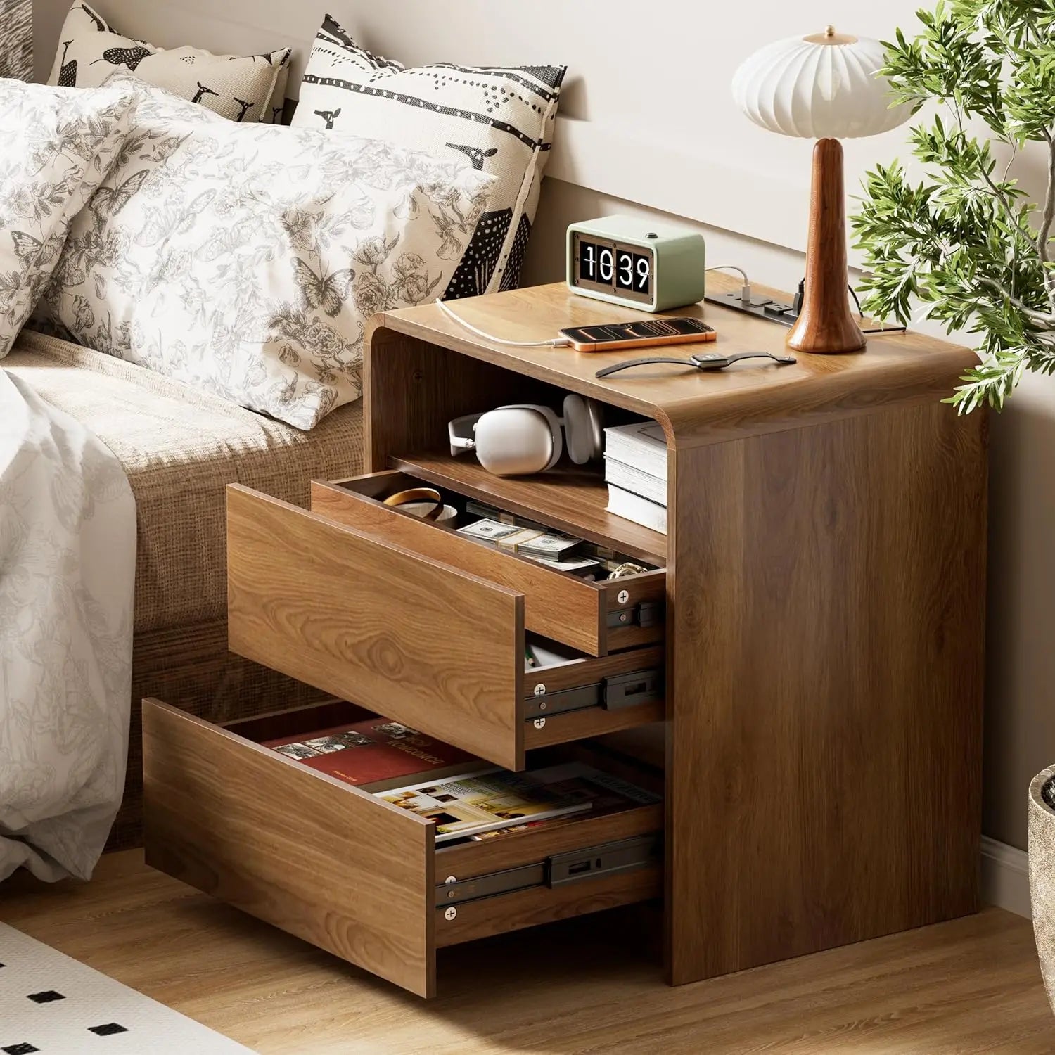 Modern Nightstand Set of 2 23.8" Walnut Nightstands with Hidden Drawers Wood Modern Bedside Table Curved Profile, Customized