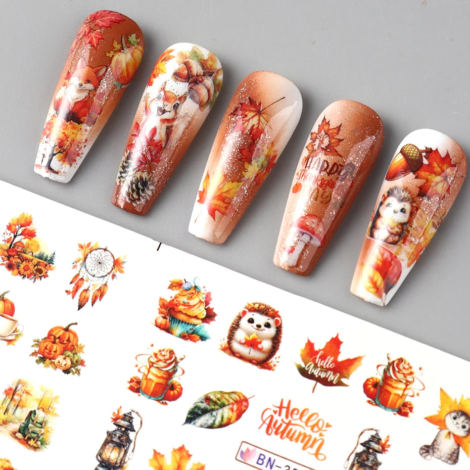 Autumn Maple Leaves Nail Art Stickers Sliders Hedgehog Squirrel  Fall Leaf Turkey Nail Water Transfer Sticker Decal Decorations
