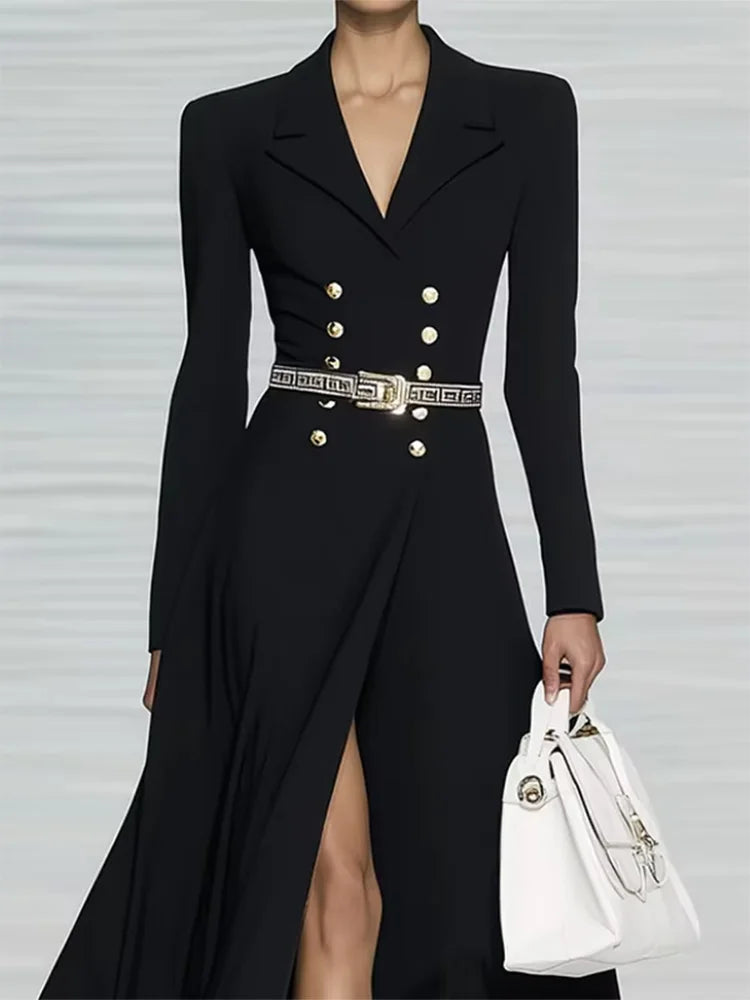 Modigirl 2025 Fall Spring Women’s Simple Black Maxi Dresses V-neck Formal Office Urban Winter Buttoned Dresses for Woman