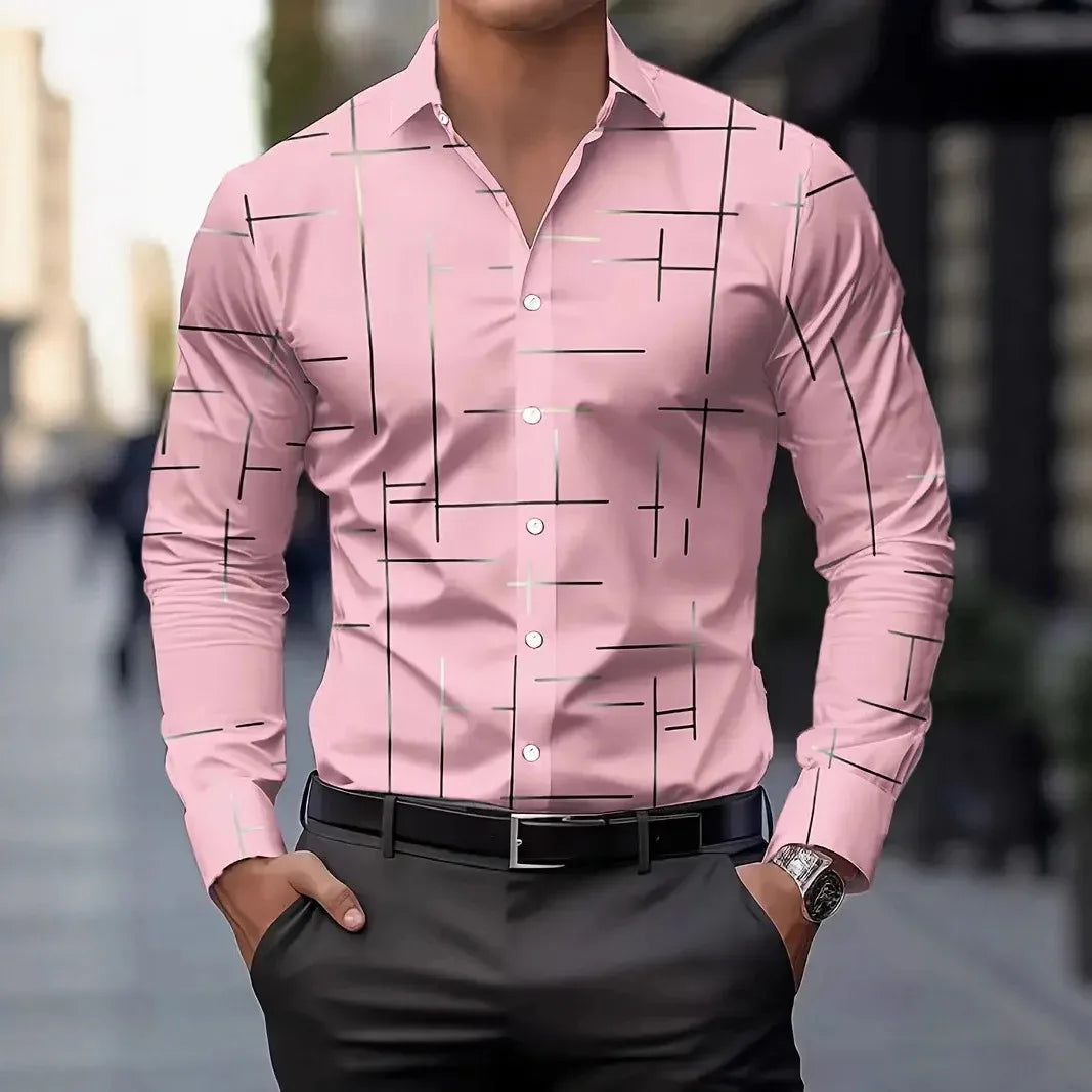 Men's Casual Geometric Print Long Sleeve Shirt - Breathable Button-Up Shirt for Spring and Autumn, Suitable for Modern Business