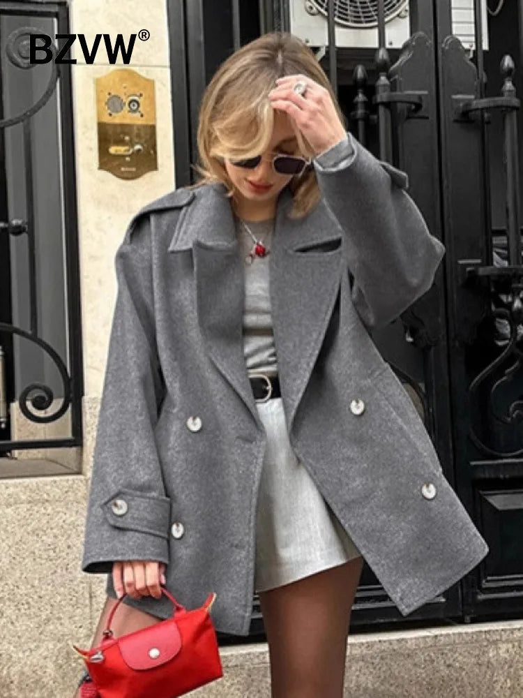 BZVW Women Woolen Overcoat Lapel Double‑Breasted Mid‑Length Loose Coat French Elegant Office Outerwear Autumn 2026 New