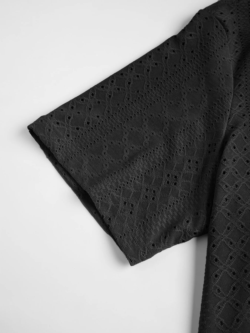 Men's Black Diamond Jacquard Short Sleeve Shirt Summer Smart Casual Loose Top