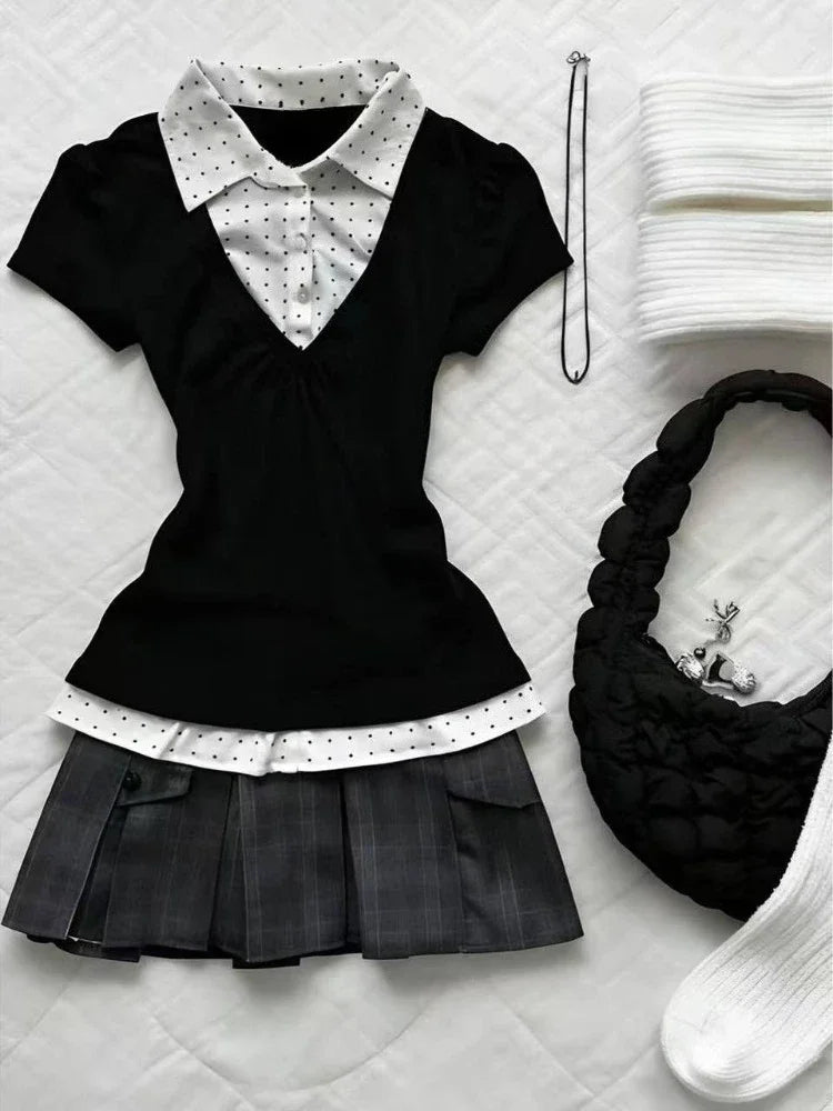 Women Retro Sweet Two‑Piece Outfit Plaid Short Sleeve Top High Waist Pleated Skirt Y2K Harajuku Style Hot Girl Summer Daily Suit