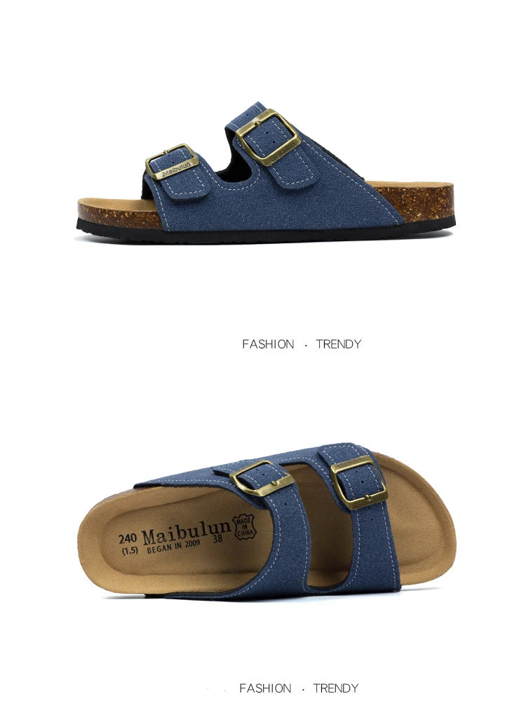 Nubuck Women Cork Slippers Summer Mule Clogs Flats Sandals Slides Casual Beach Couple Double Buckle Soft Shoes Footwear Big Size