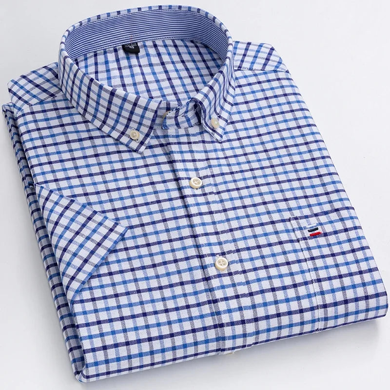 2025 100% Pure Cotton Men's Oxford Short Sleeve Square Collar Soild Plaid Striped Summer Casual Shirts Single Pocket  Shirt