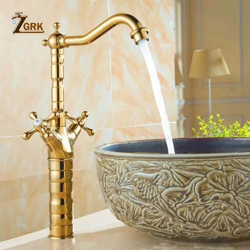 ZGRK Dual Handles Basin Faucet Brass Bronze Finished Mixer Taps 360 Rotation Antique Bath Sink Faucet Deck Mounted Water Taps