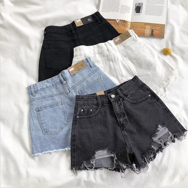 Women High Waist Ripped Denim Shorts Korean Y2K Streetwear Tassel Pocket Summer Casual Blue Jeans Pants Fashion Street Trousers