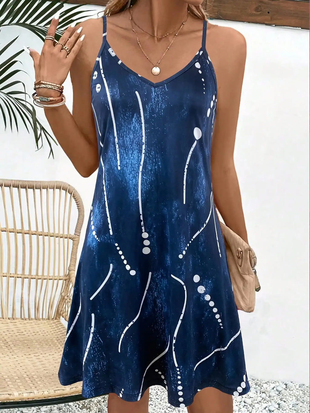 Women's Summer Spaghetti Strap Dress, Blue Abstract Print, Flowy Fit for Vacation Outfits, Lightweight Summer Clothes