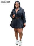 Vintage Wash Denim 2 Piece Sets Women Long Sleeve Hooded Crop Top and Pleated Skirts Suits Streetwear Matching Jeans Outfit 2025