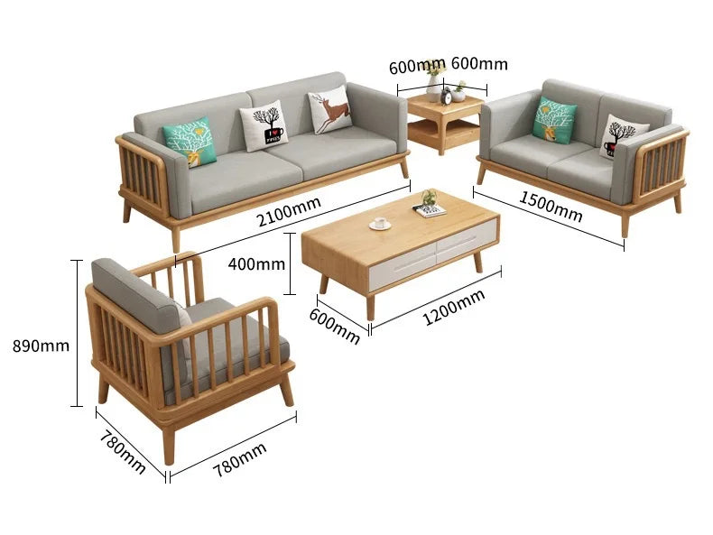 Solid wood fabric sofa Small apartment living room sofa combination Log wind Japanese sofa