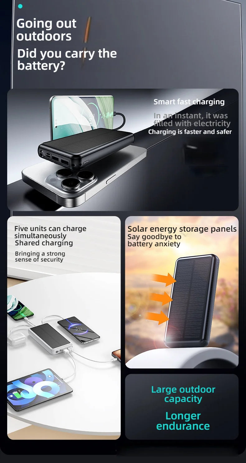 30000mAh Solar Power Bank Super Fast Charging Compact Portable Built-in 4 Cable High Capacity External Battery with Led Light