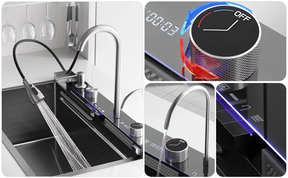 China Factory Kitchenroom Sink Multifunction Modern Smart Waterfall Stainless Steel Sink Kitchen Kitchen Sinks with 4function