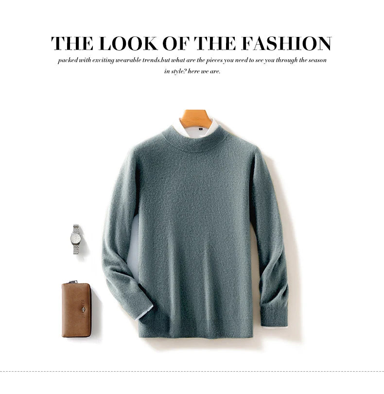 Autumn and Winter Half-high Neck 100% Pure Wool Men's Long Sleeve Leisure Sweater Knitwear