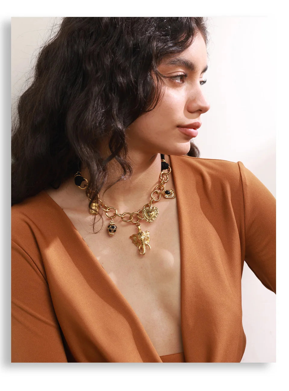 Yhpup 2025 Black Lace Chain Heart Elephant Pendant Statement Necklace 18K Golden Plated Stainless Steel Charms Handmade Jewelry