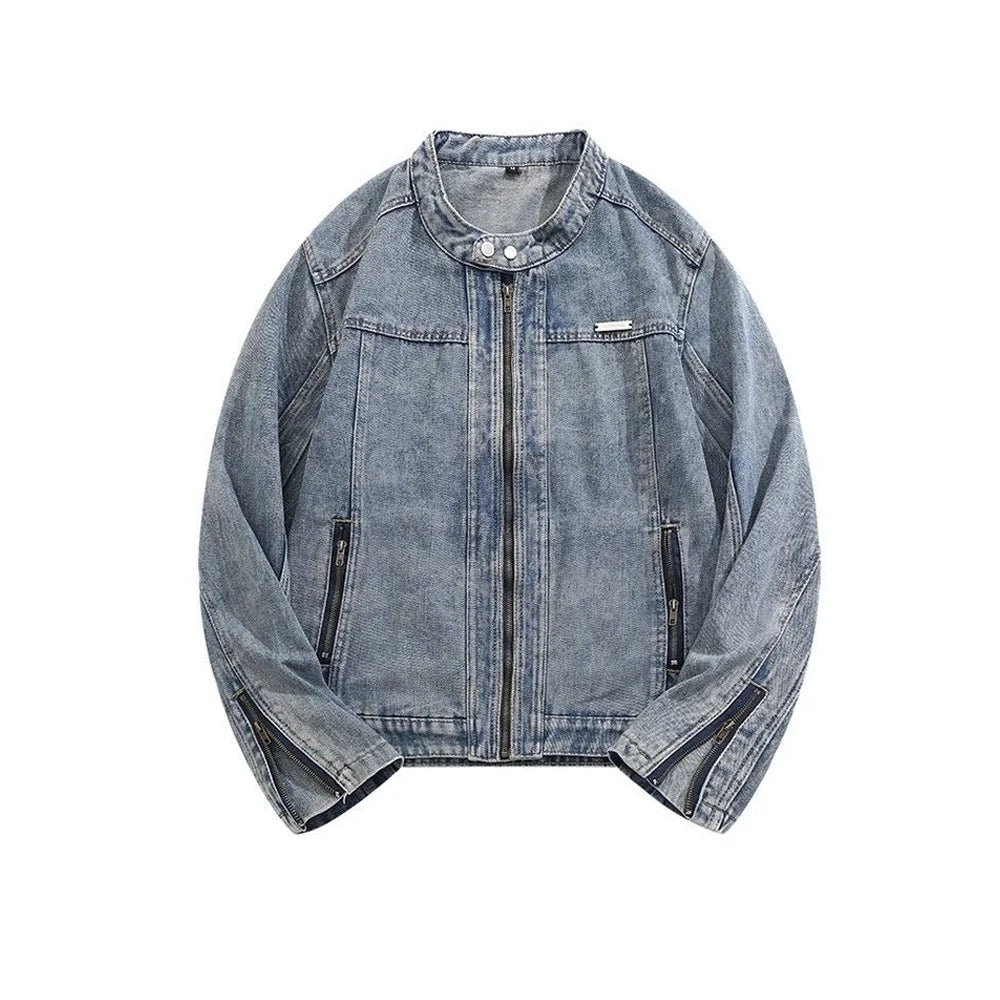 Men Denim Jacket Round Neck Zip Up Slim Fit Washed Vintage Casual Biker Jean Jacket Streetwear Outerwear 2026 New