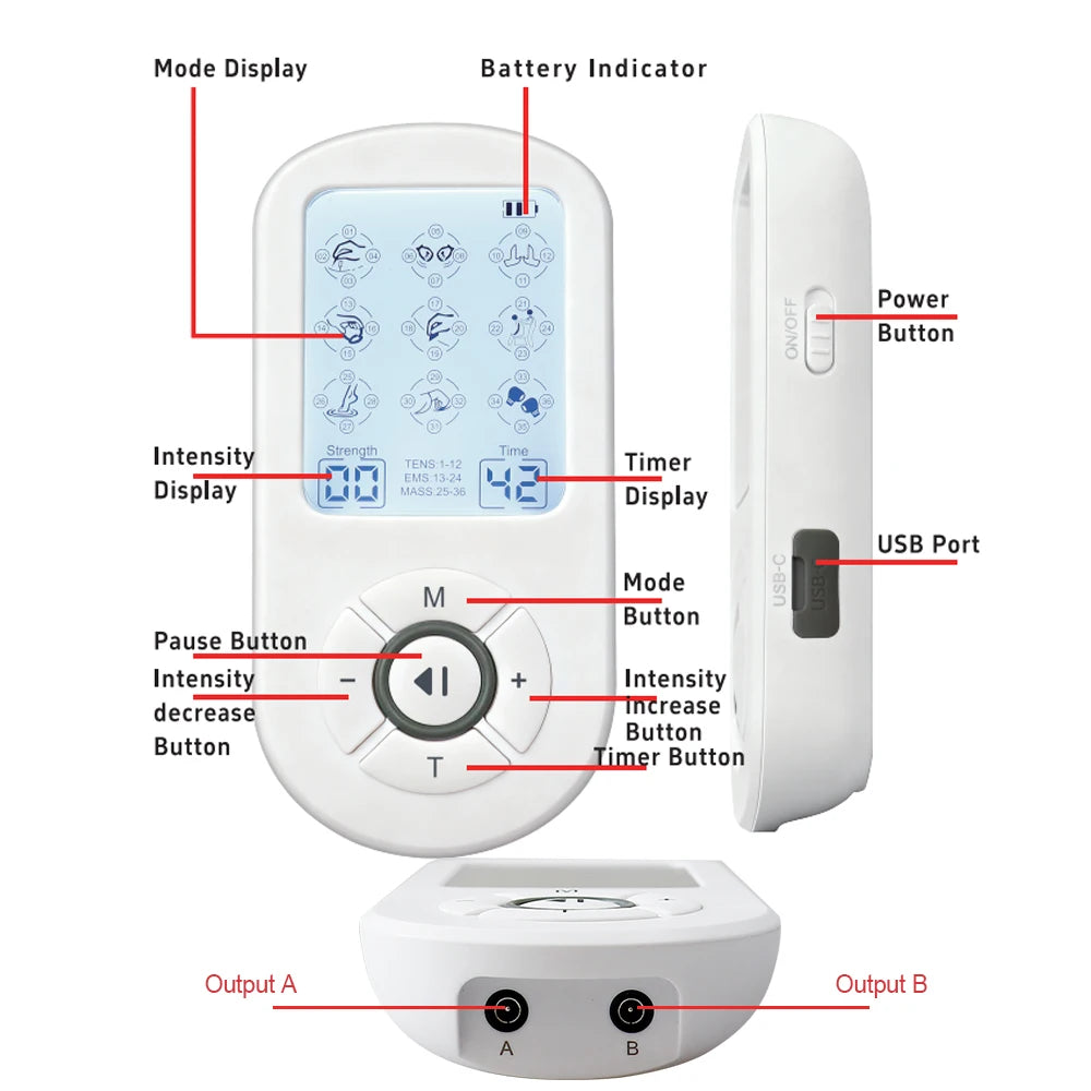 Professional 36 Modes TENS Pulse Rechargeable Machine EMS Muscle Stimulator Back Waist Body Massage Relax Electrostimulator Use